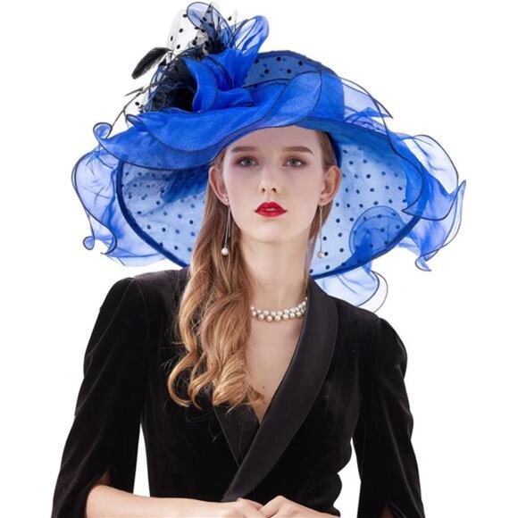 Women Hat Wide Brim Tea Party Fascinator blue Black